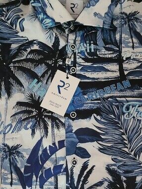 R2 Amsterdam Blue and White Tropical Print Button-Up Shirt